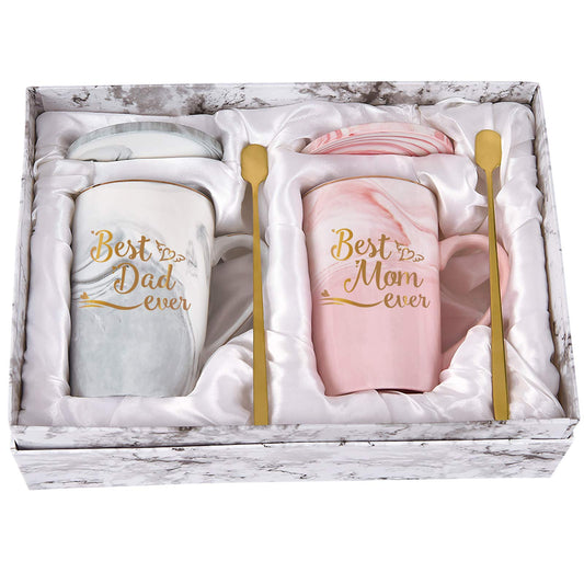 Deluxe 14 Oz Marble Coffee Mugs with Gift Box & Coaster Spoon