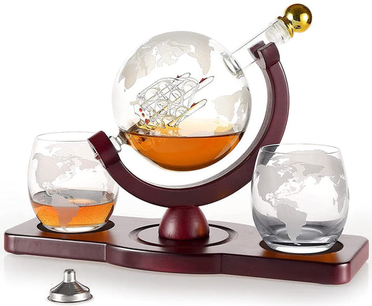 Whiskey Decanter Globe Set with 2 Glasses