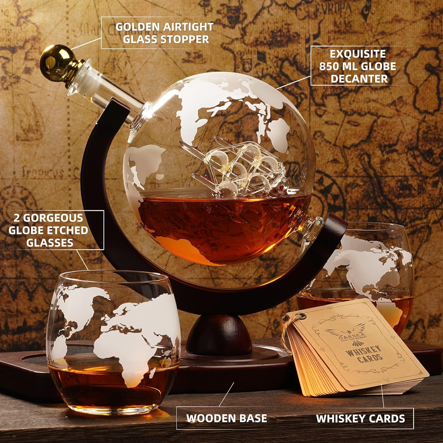 Whiskey Decanter Globe Set with 2 Glasses