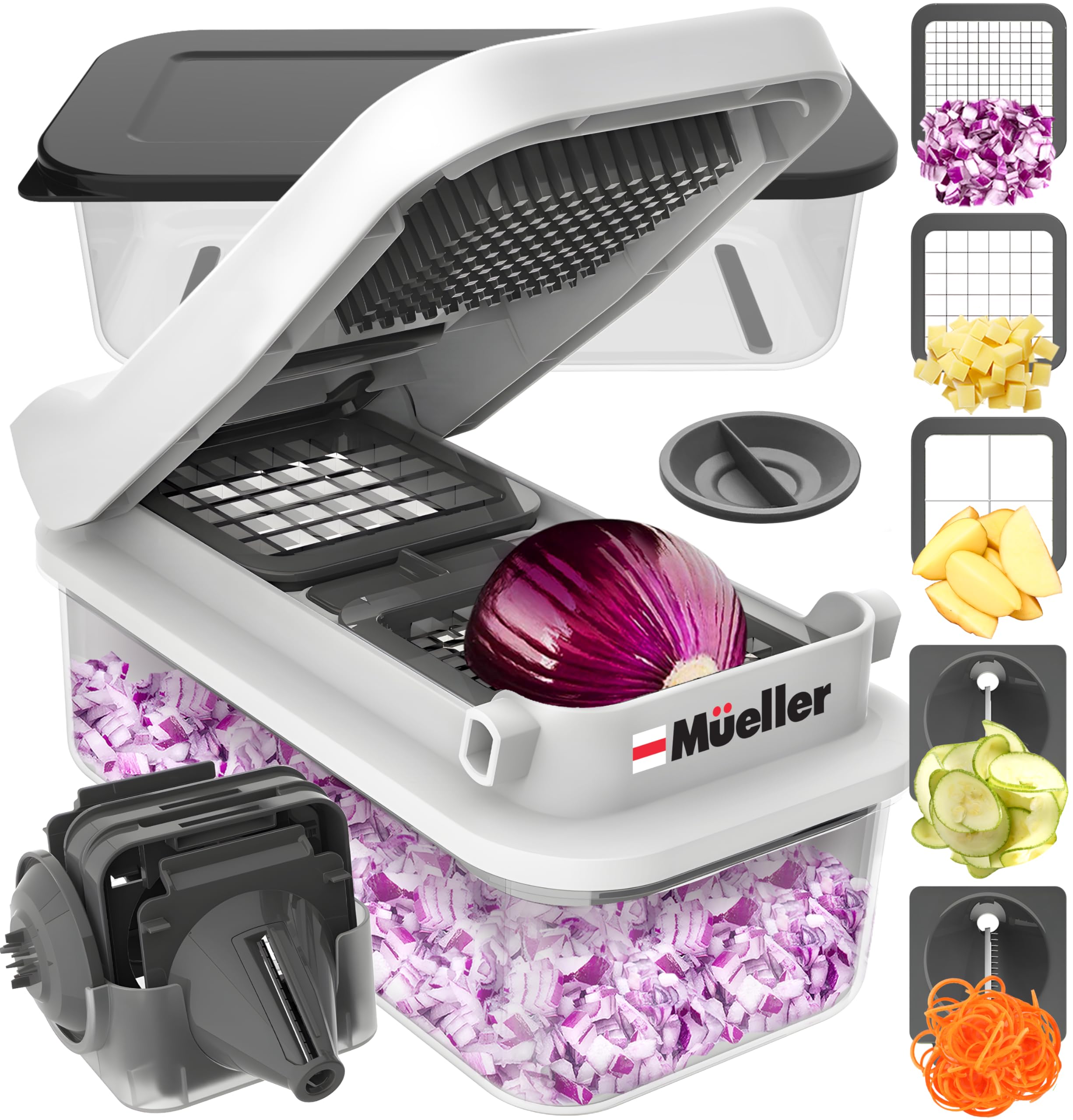 Mueller Pro-Series 10-in-1, 8 Blade Vegetable Chopper, Onion Mincer, Cutter, Dicer, Egg Slicer with Container