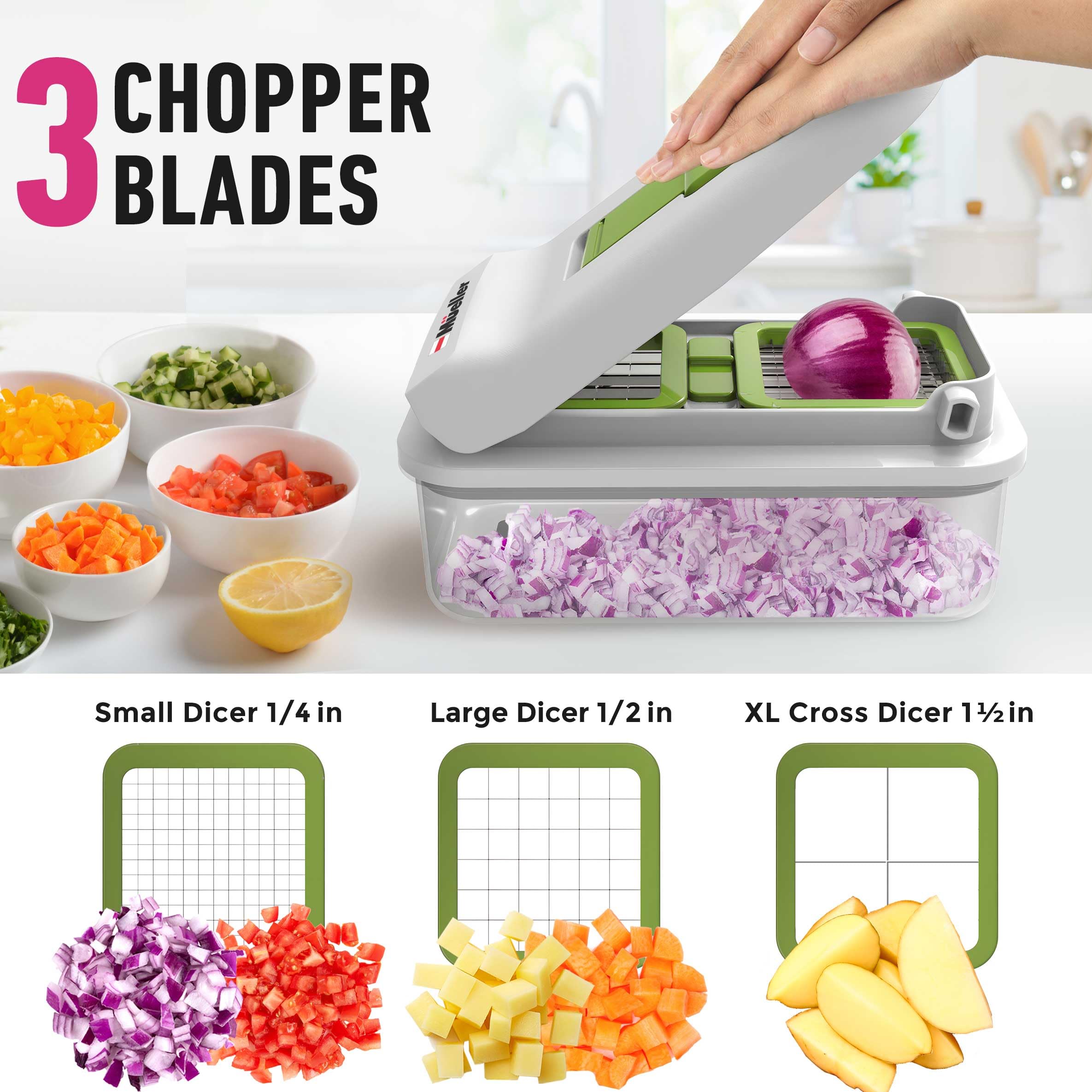 Mueller Pro-Series 10-in-1, 8 Blade Vegetable Chopper, Onion Mincer, Cutter, Dicer, Egg Slicer with Container