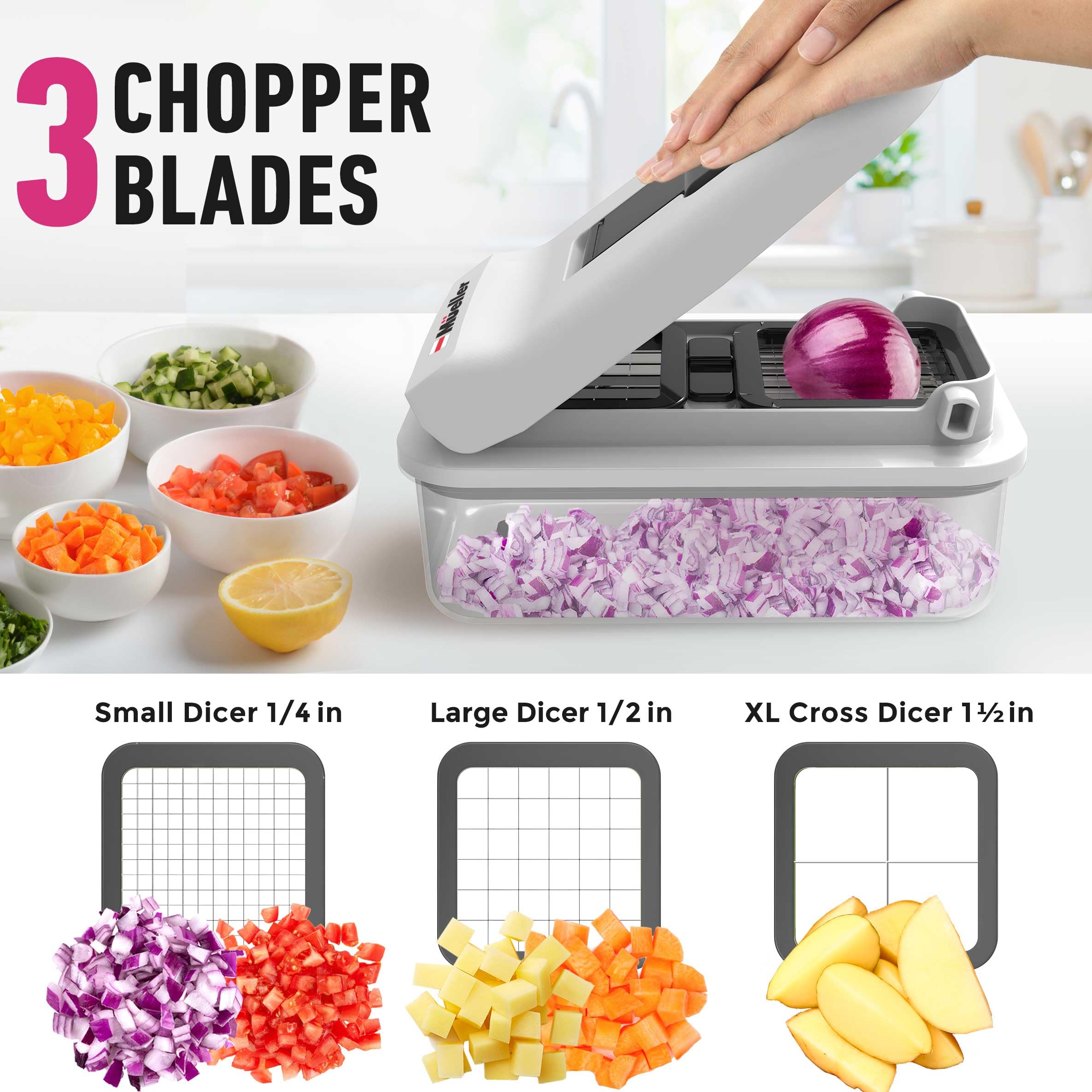 Mueller Pro-Series 10-in-1, 8 Blade Vegetable Chopper, Onion Mincer, Cutter, Dicer, Egg Slicer with Container